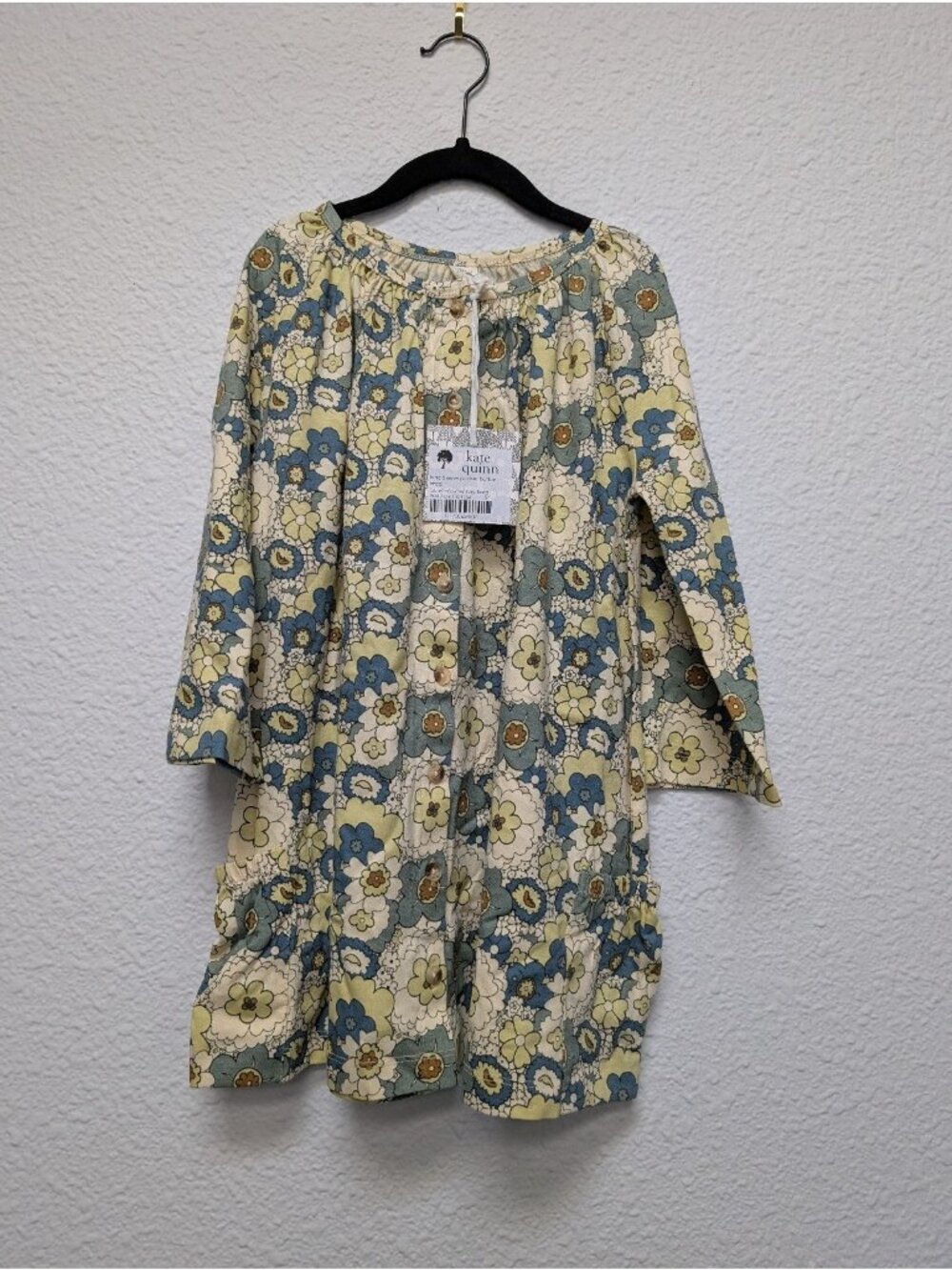 Blue Mid-Century Floral Long Sleeve Pocket Dress 5Y Kate Quinn Organic Cotton